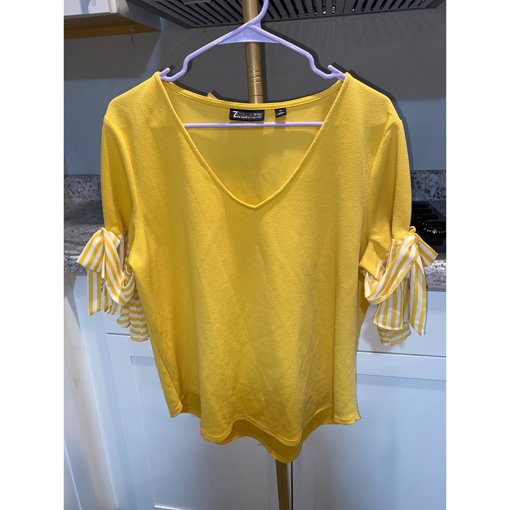 New York & Company 7th Avenue Yellow V-Neck Blouse Striped Tie Sleeve XL